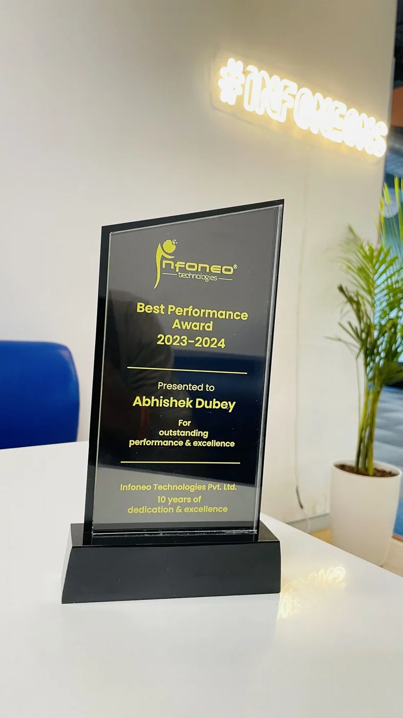 Best Performance Award 2023-2024 trophy presented to Abhishek Dubey by Infoneo Technologies