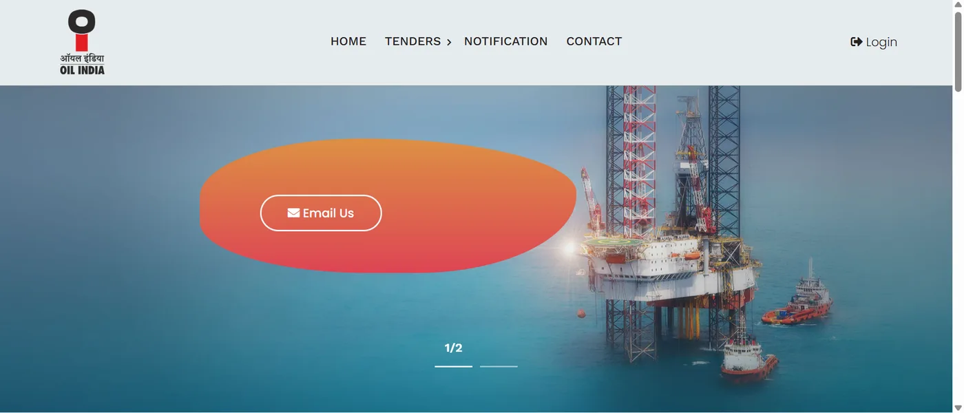 OIL INDIA tender application portal homepage with offshore rig hero banner